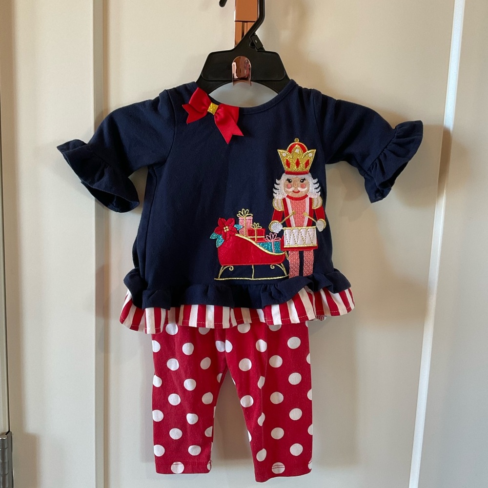 Rare Editions Navy Nutcracker Set with Red Bow & polka dot leggings